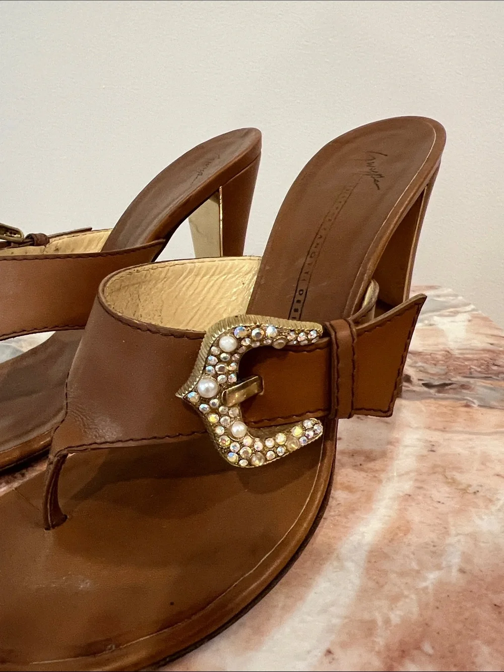 Giuseppe Zanotti Brown Leather Jeweled Thong Heels